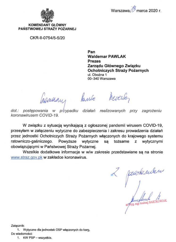 Wytyczne dla OSP KSRG w związku z koronawirusem